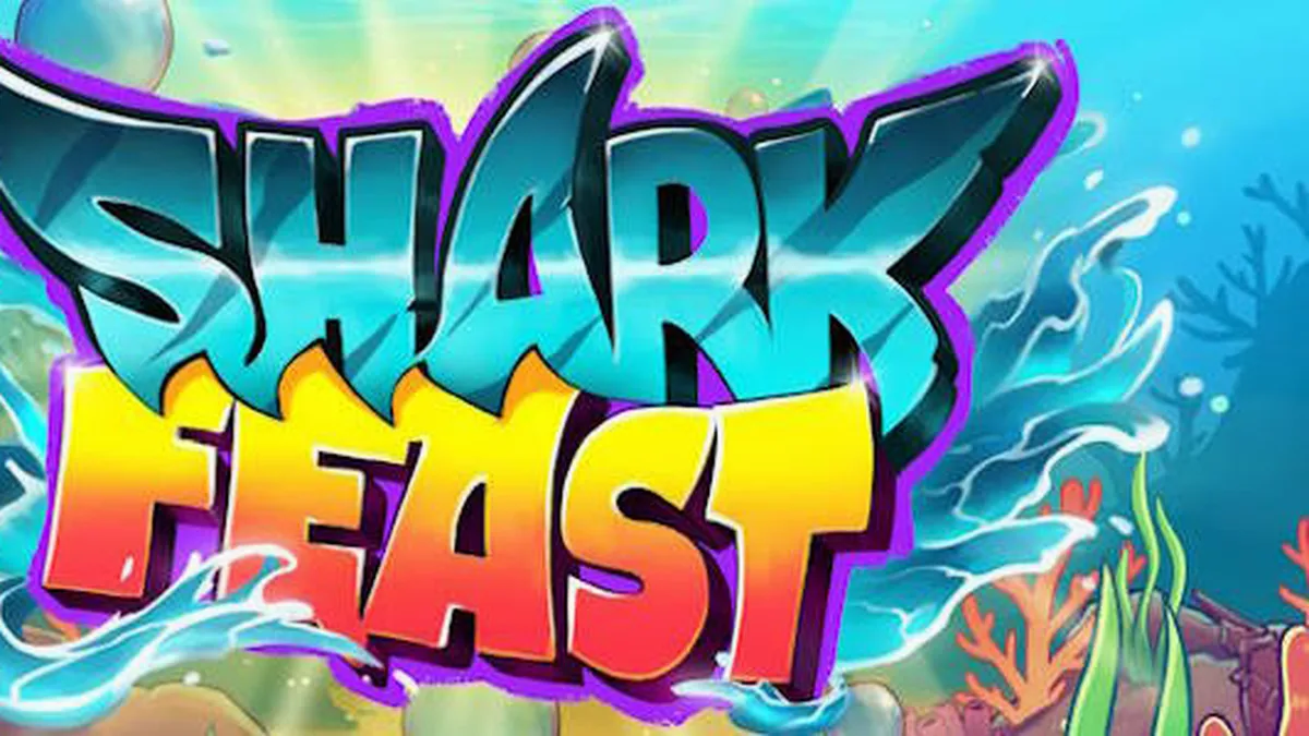 Pemandangan bawah laut yang penuh dengan lampu neon dan karakter hiu di Shark Feast