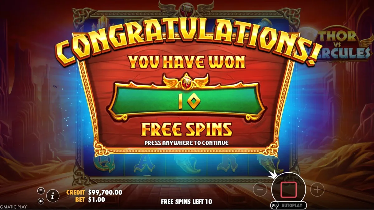 Thor vs Hercules slot game screen showing the battle between the two mythological figures