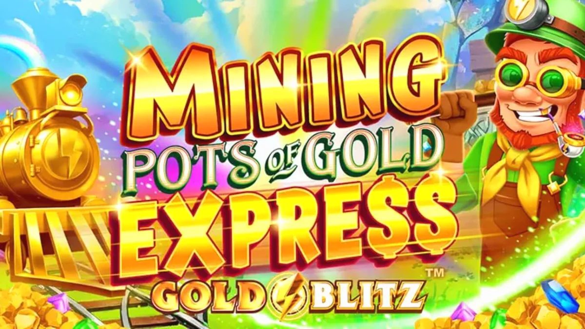 Lucky Lad Flynn berdiri di depan tambang emas yang penuh dengan permata dan kereta api dalam slot Mining Pots of Gold Express Gold Blitz